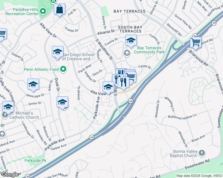 map of restaurants, bars, coffee shops, grocery stores, and more near 2865 Alta View Drive in San Diego
