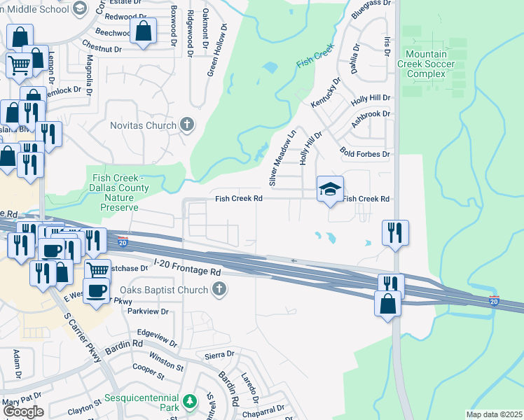 map of restaurants, bars, coffee shops, grocery stores, and more near 3921 Westcliff Road in Grand Prairie