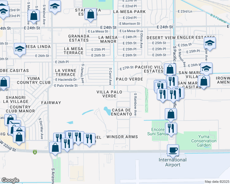 map of restaurants, bars, coffee shops, grocery stores, and more near 2950 South Mary Avenue in Yuma