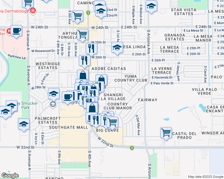 map of restaurants, bars, coffee shops, grocery stores, and more near 2830 South 1st Avenue in Yuma