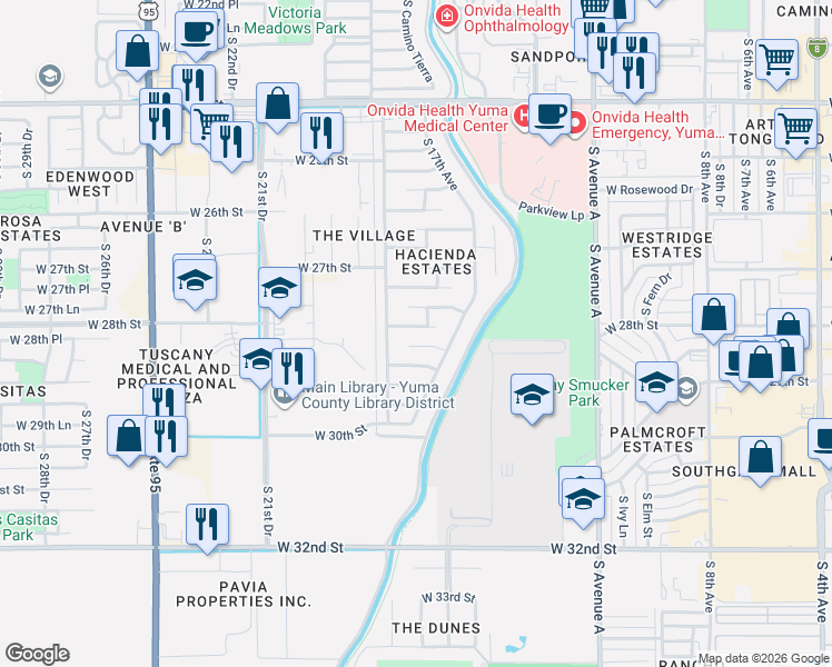 map of restaurants, bars, coffee shops, grocery stores, and more near 1791 West 28th Drive in Yuma