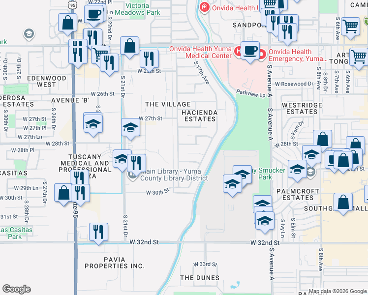 map of restaurants, bars, coffee shops, grocery stores, and more near 1791 West 28th Drive in Yuma