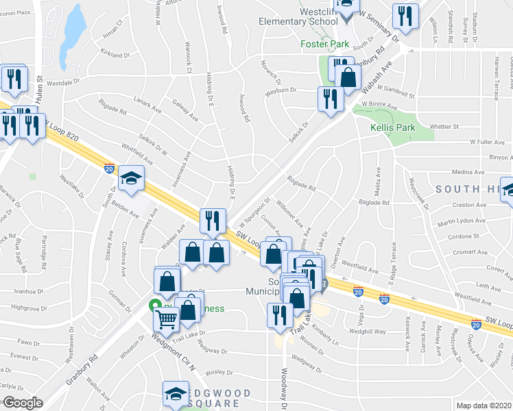 map of restaurants, bars, coffee shops, grocery stores, and more near 3944 West Spurgeon Street in Fort Worth