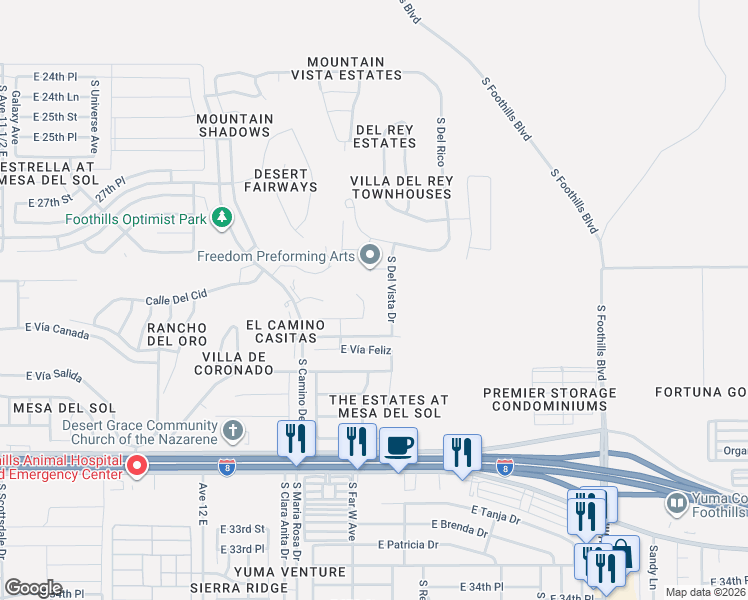 map of restaurants, bars, coffee shops, grocery stores, and more near E Calle Ventana in Yuma