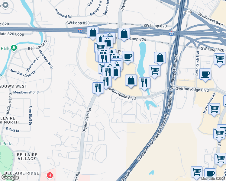 map of restaurants, bars, coffee shops, grocery stores, and more near 5851 Overton Ridge Blvd in Fort Worth