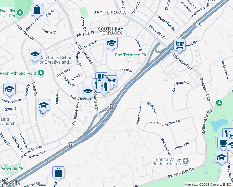 map of restaurants, bars, coffee shops, grocery stores, and more near 3040 Alta View Drive in San Diego