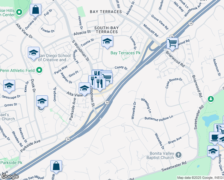 map of restaurants, bars, coffee shops, grocery stores, and more near 3040 D Alta View Drive in San Diego