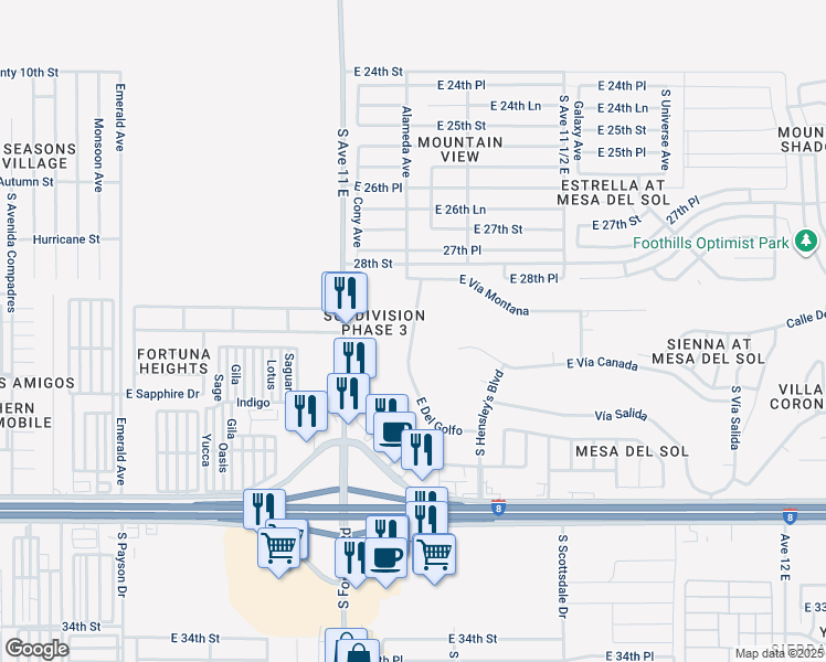 map of restaurants, bars, coffee shops, grocery stores, and more near 10516-10798 South Del Golfo in Yuma