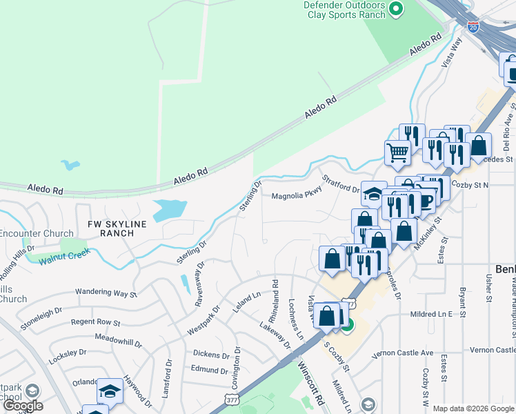 map of restaurants, bars, coffee shops, grocery stores, and more near 8924 Armstrong Court in Benbrook