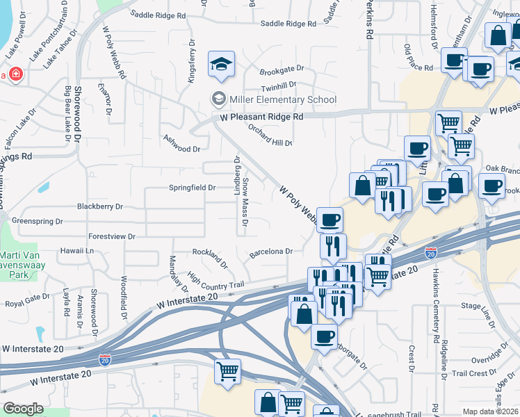 map of restaurants, bars, coffee shops, grocery stores, and more near 6303 Alpine Drive in Arlington