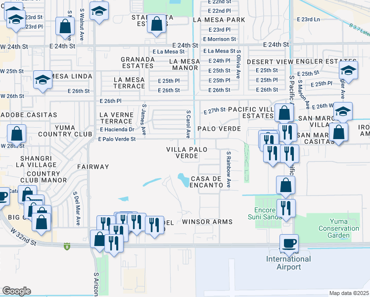 map of restaurants, bars, coffee shops, grocery stores, and more near 2950 South Mary Avenue in Yuma