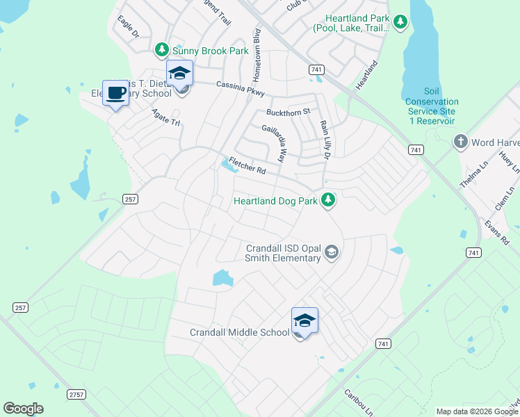 map of restaurants, bars, coffee shops, grocery stores, and more near 3129 Stonehaven Lane in Crandall