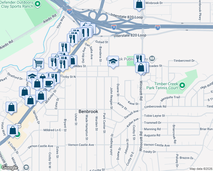 map of restaurants, bars, coffee shops, grocery stores, and more near 1009 Park Center Street in Benbrook