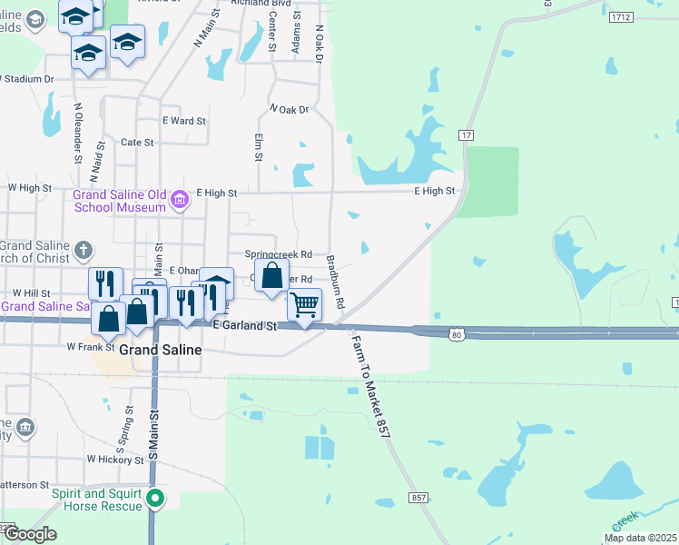 map of restaurants, bars, coffee shops, grocery stores, and more near 376 Bradburn Road in Grand Saline