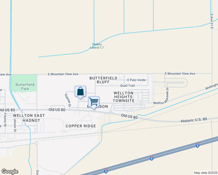 map of restaurants, bars, coffee shops, grocery stores, and more near 30113 Quail Trail in Wellton