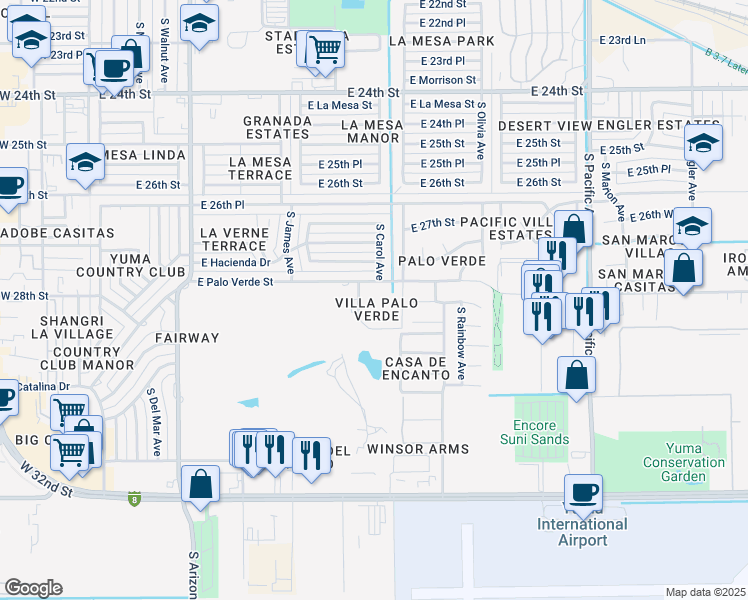 map of restaurants, bars, coffee shops, grocery stores, and more near 2950 South Mary Avenue in Yuma