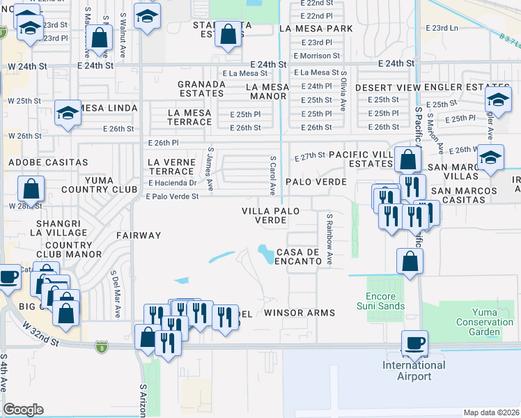 map of restaurants, bars, coffee shops, grocery stores, and more near 2800 South Palo Verde Lane in Yuma