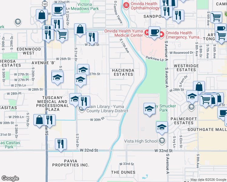 map of restaurants, bars, coffee shops, grocery stores, and more near 1791 West 28th Drive in Yuma