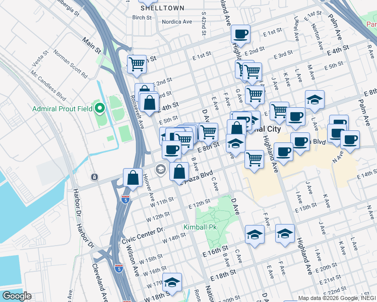 map of restaurants, bars, coffee shops, grocery stores, and more near 130 East 8th Street in National City