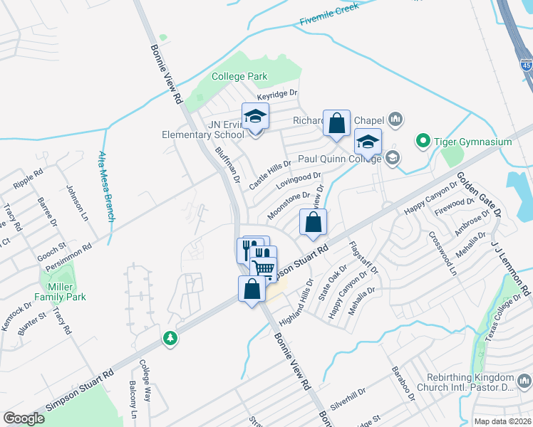 map of restaurants, bars, coffee shops, grocery stores, and more near 5951 Highland Hills Drive in Dallas