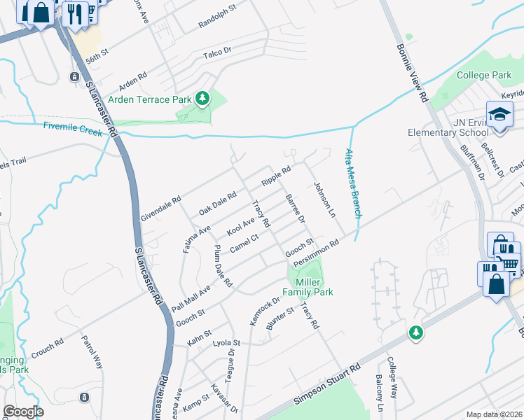 map of restaurants, bars, coffee shops, grocery stores, and more near 2703 Camel Court in Dallas
