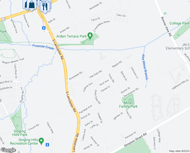 map of restaurants, bars, coffee shops, grocery stores, and more near 2440 Oak Dale Road in Dallas