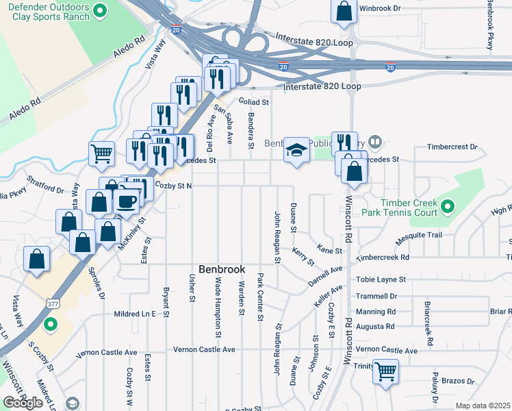 map of restaurants, bars, coffee shops, grocery stores, and more near 1008 Park Center Street in Benbrook