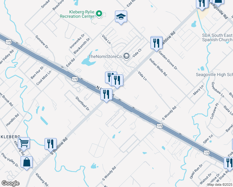 map of restaurants, bars, coffee shops, grocery stores, and more near 13601 U.S. 175 Frontage Road in Dallas