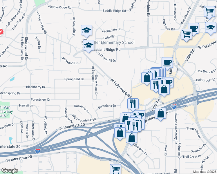 map of restaurants, bars, coffee shops, grocery stores, and more near 6228 West Poly Webb Road in Arlington