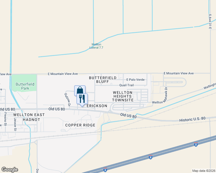 map of restaurants, bars, coffee shops, grocery stores, and more near 30113 Quail Trail in Wellton