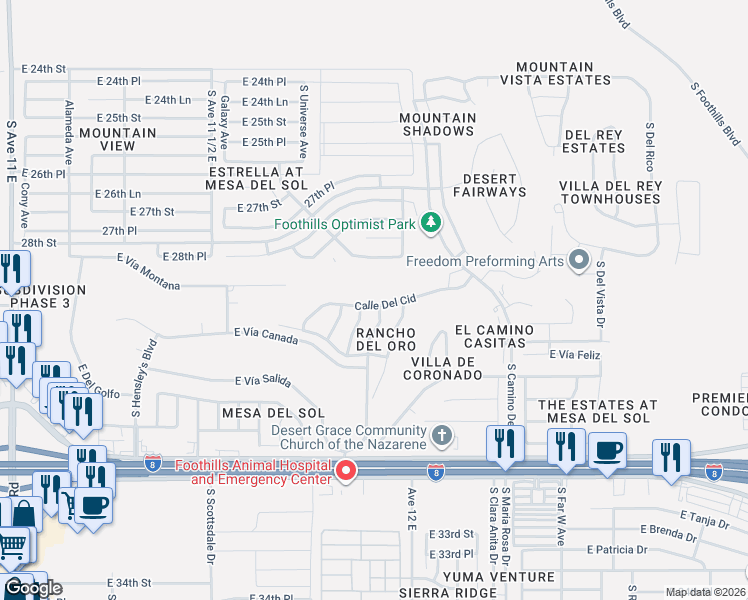 map of restaurants, bars, coffee shops, grocery stores, and more near 10587 South Avenida Canela in Yuma