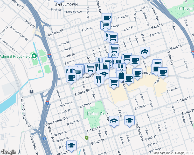 map of restaurants, bars, coffee shops, grocery stores, and more near 420 East 9th Street in National City