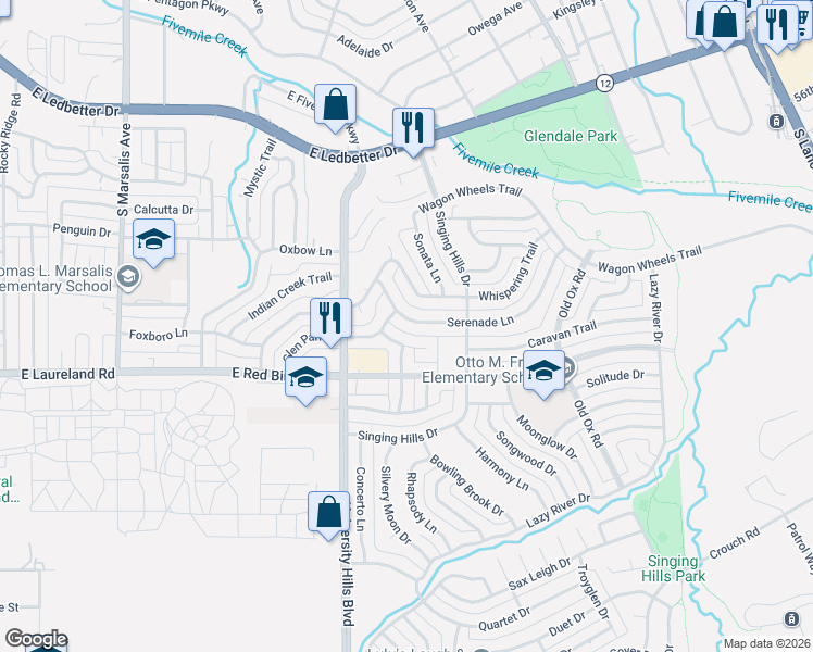 map of restaurants, bars, coffee shops, grocery stores, and more near 1216 Fern Glen Trail in Dallas