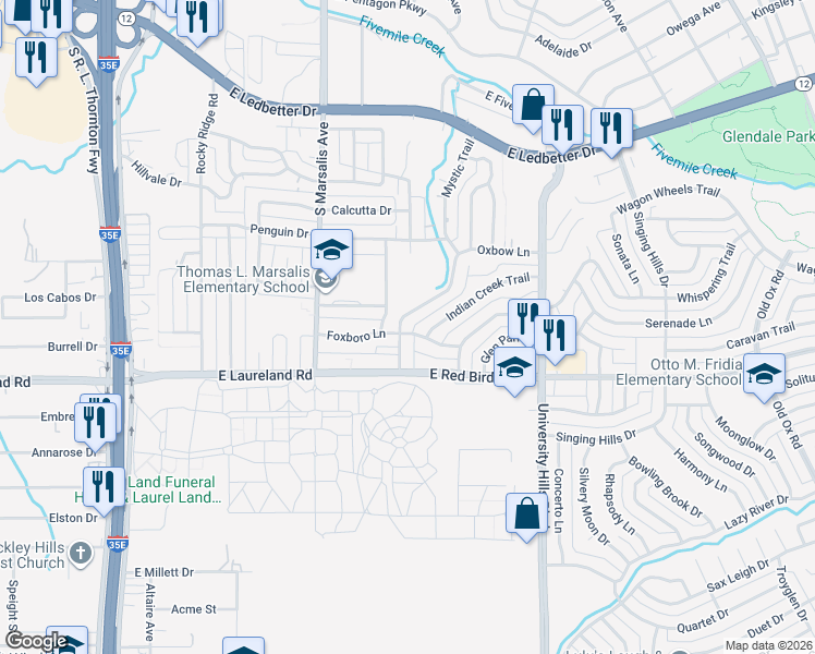 map of restaurants, bars, coffee shops, grocery stores, and more near 838 Foxboro Lane in Dallas