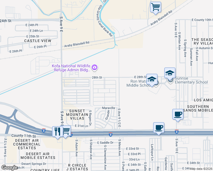 map of restaurants, bars, coffee shops, grocery stores, and more near 9351 East 28th Street in Yuma
