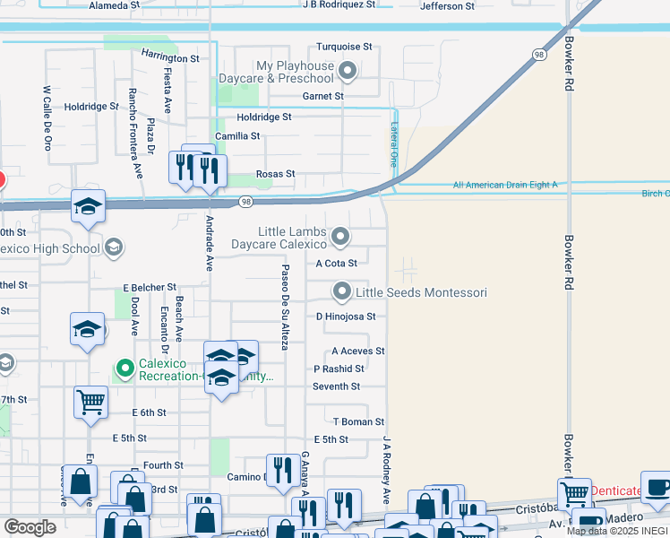 map of restaurants, bars, coffee shops, grocery stores, and more near 1220 A Cota Street in Calexico