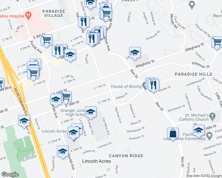 map of restaurants, bars, coffee shops, grocery stores, and more near 2167 Rachael Avenue in San Diego