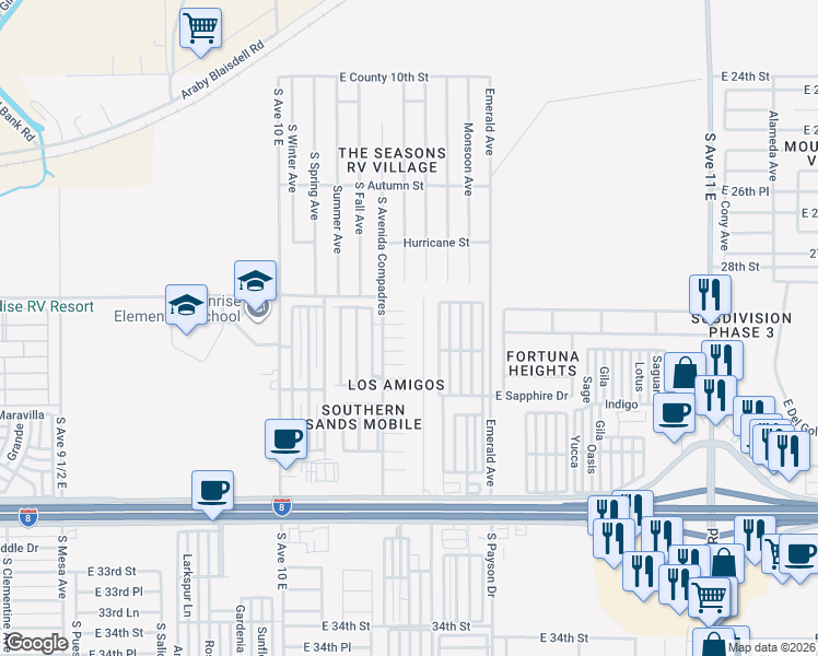 map of restaurants, bars, coffee shops, grocery stores, and more near 10348 East 29th Street in Yuma