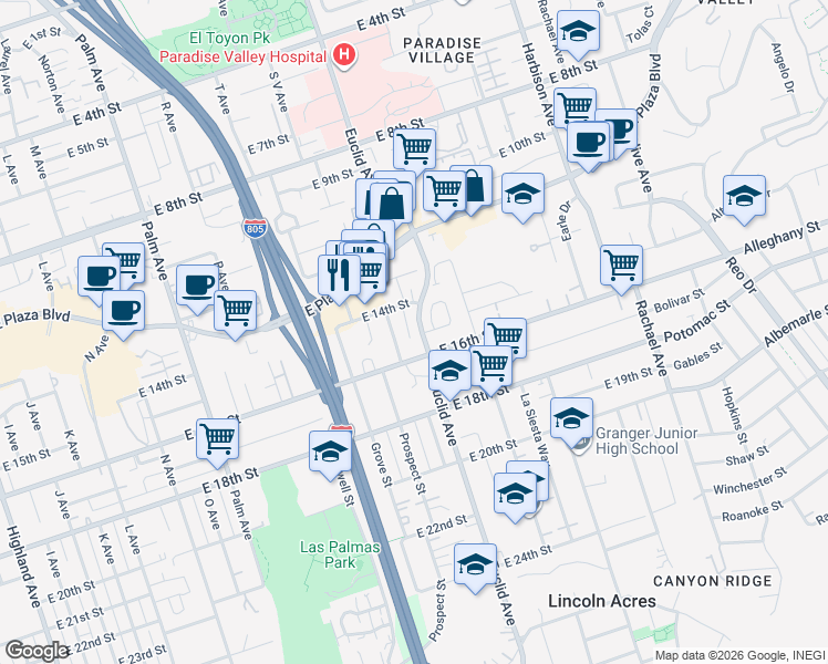 map of restaurants, bars, coffee shops, grocery stores, and more near 1504 Euclid Avenue in National City