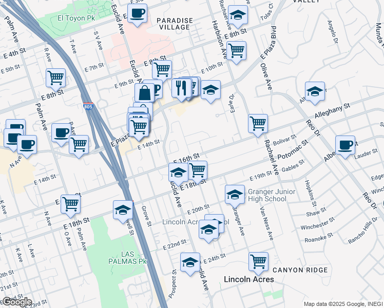 map of restaurants, bars, coffee shops, grocery stores, and more near 2605 East 16th Street in National City