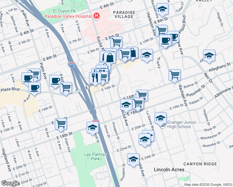 map of restaurants, bars, coffee shops, grocery stores, and more near 1504 Euclid Avenue in National City