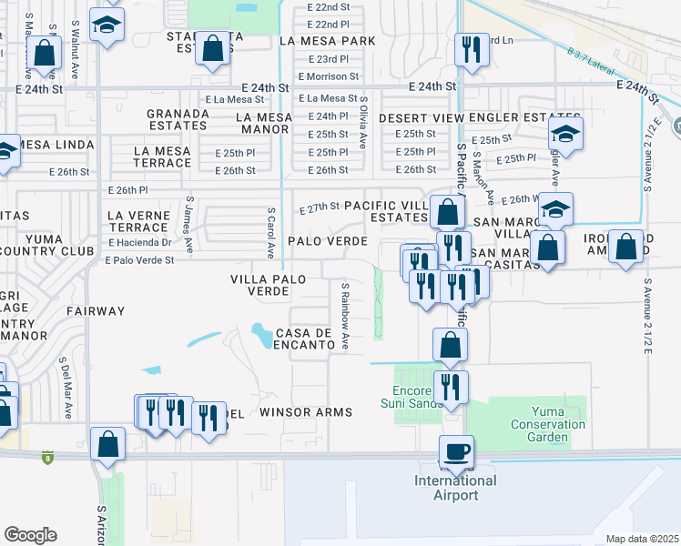 map of restaurants, bars, coffee shops, grocery stores, and more near 1532 East Kuns Court in Yuma