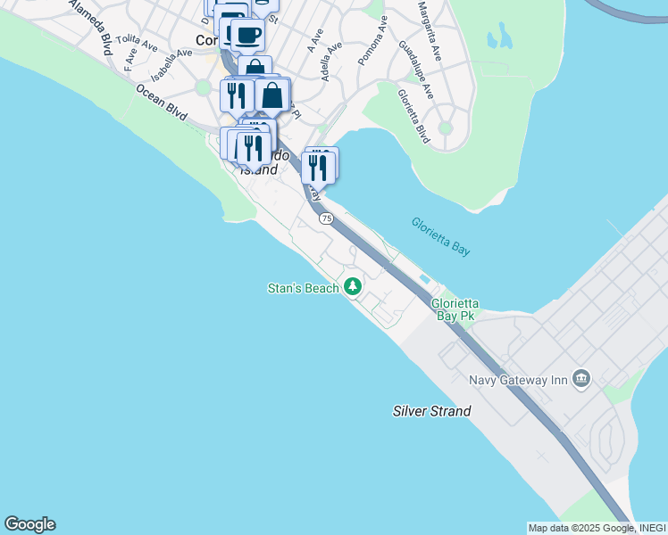 map of restaurants, bars, coffee shops, grocery stores, and more near 1760 Avenida Del Mundo in Coronado