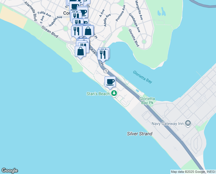 map of restaurants, bars, coffee shops, grocery stores, and more near 1760 Avenida Del Mundo in Coronado