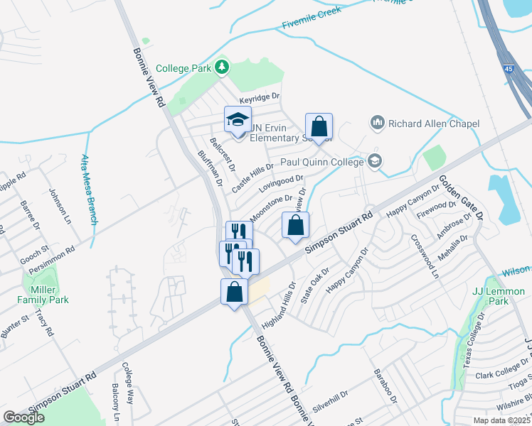 map of restaurants, bars, coffee shops, grocery stores, and more near 3638 Moonstone Drive in Dallas