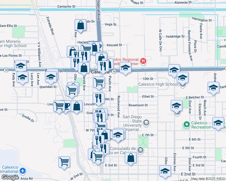 map of restaurants, bars, coffee shops, grocery stores, and more near 107 9th Street in Calexico