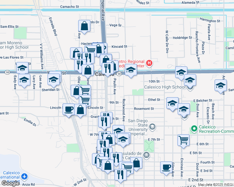 map of restaurants, bars, coffee shops, grocery stores, and more near 107 9th Street in Calexico