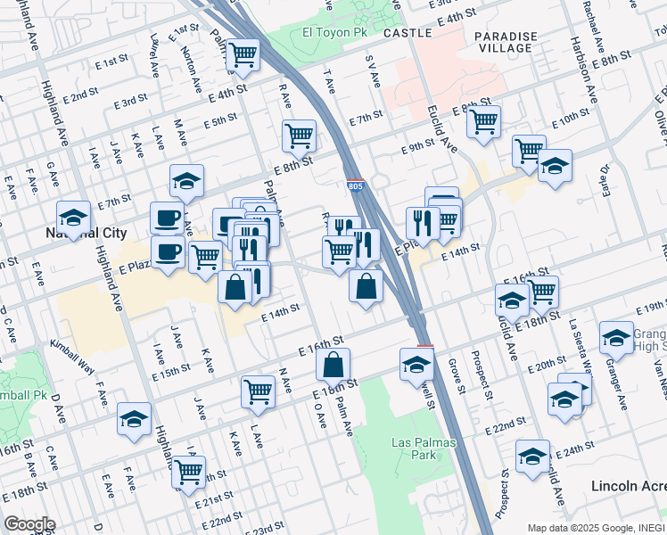 map of restaurants, bars, coffee shops, grocery stores, and more near 1736 East Plaza Boulevard in National City