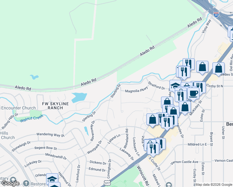 map of restaurants, bars, coffee shops, grocery stores, and more near 8924 Armstrong Court in Benbrook