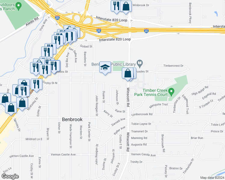 map of restaurants, bars, coffee shops, grocery stores, and more near 1003 Kane Street in Benbrook